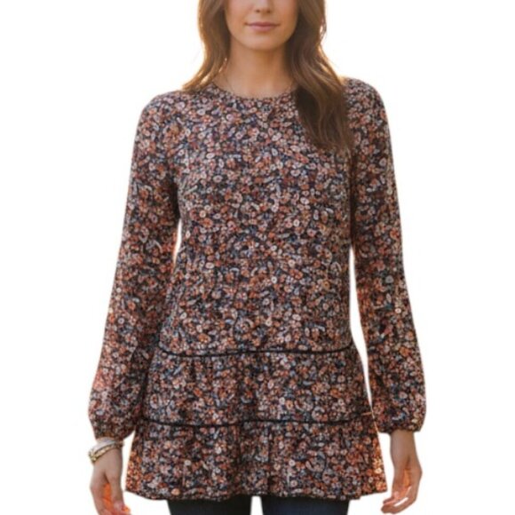 J. Jill Tops - J Jill Printed Tiered Tunic Floral Size XS Navy Blue A-Line Smocked Long Sleeve